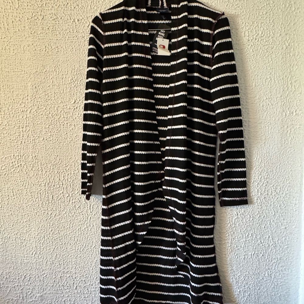 Daytrip Black & White Striped Open Cardigan with Maroon Accents